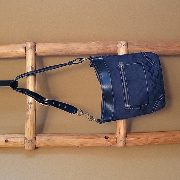 COACH BLACK CANVAS LEATHER C LOGO ADJUSTABLE STRAP CROSSBODY SATCHEL BRASS - Picture 2 of 9